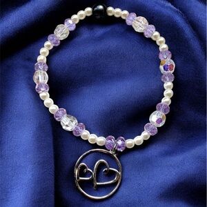 Silver Hearts Charm White Purple Beads Recycled Vintage Crystals Bracelet 6.5”